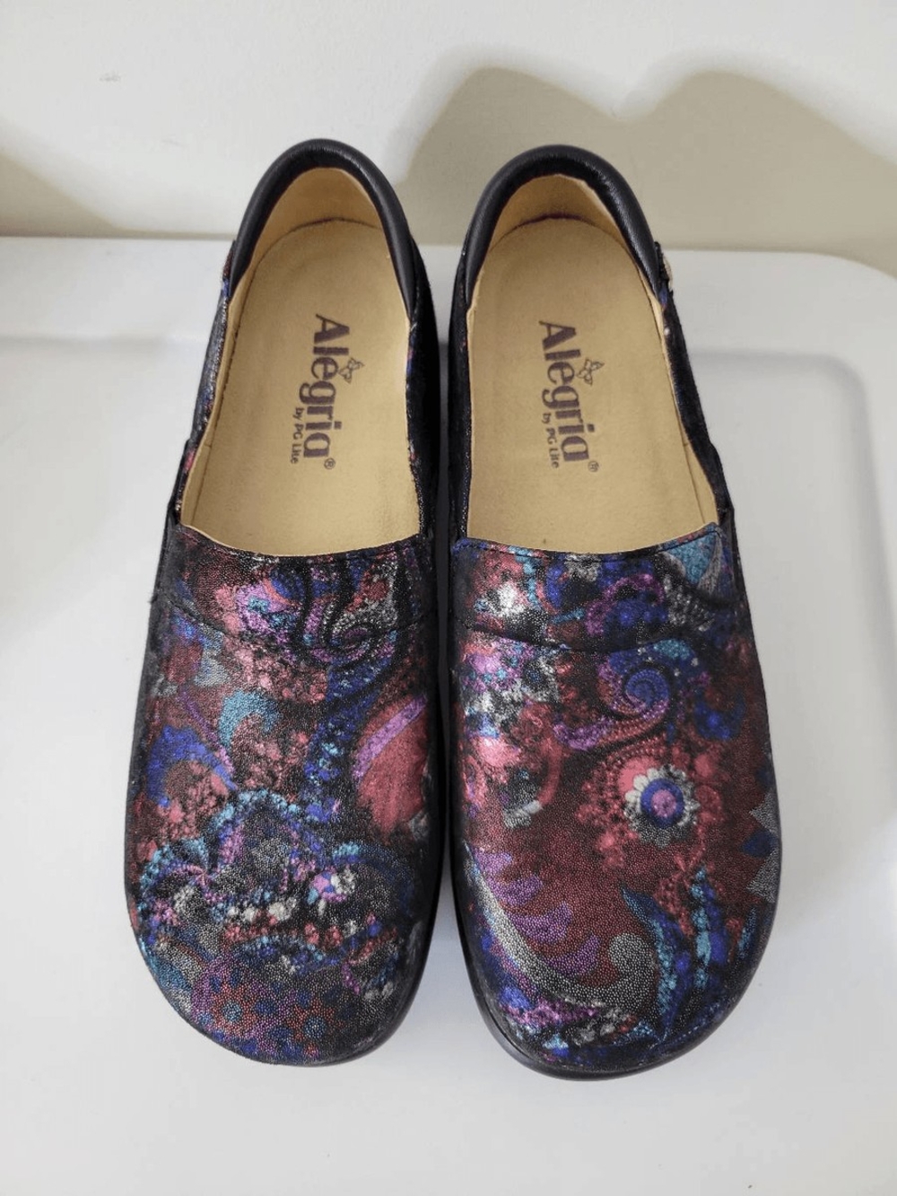 Alegria Women's Metallic Paisley Slip-On Clogs in Black, Purple, Blue Kel-753